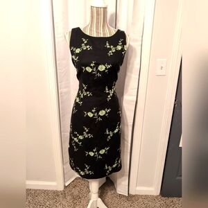 Vintage '90sJessica Howard Linen Black Dress‎ w/Embroidered Green Floral Size 12